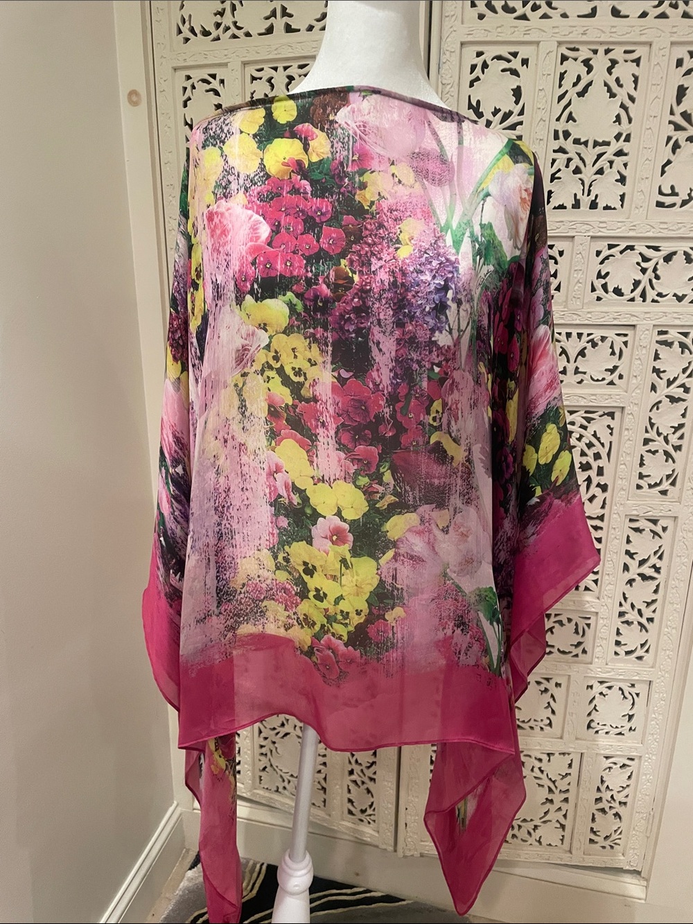 Roberto Cavalli Floral Sheer Tunic in Fuchsia and Yellow
